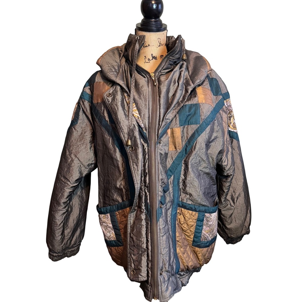 Vintage Womens 80s Patchwork Outdoor Hiking Quilted Ski Puffer Jacket Gray Large